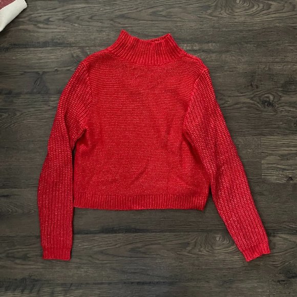 LOFT Bright Red Mock Neck Cable Knit Sweater - Classy Christmas Sweater - Picture 2 of 4